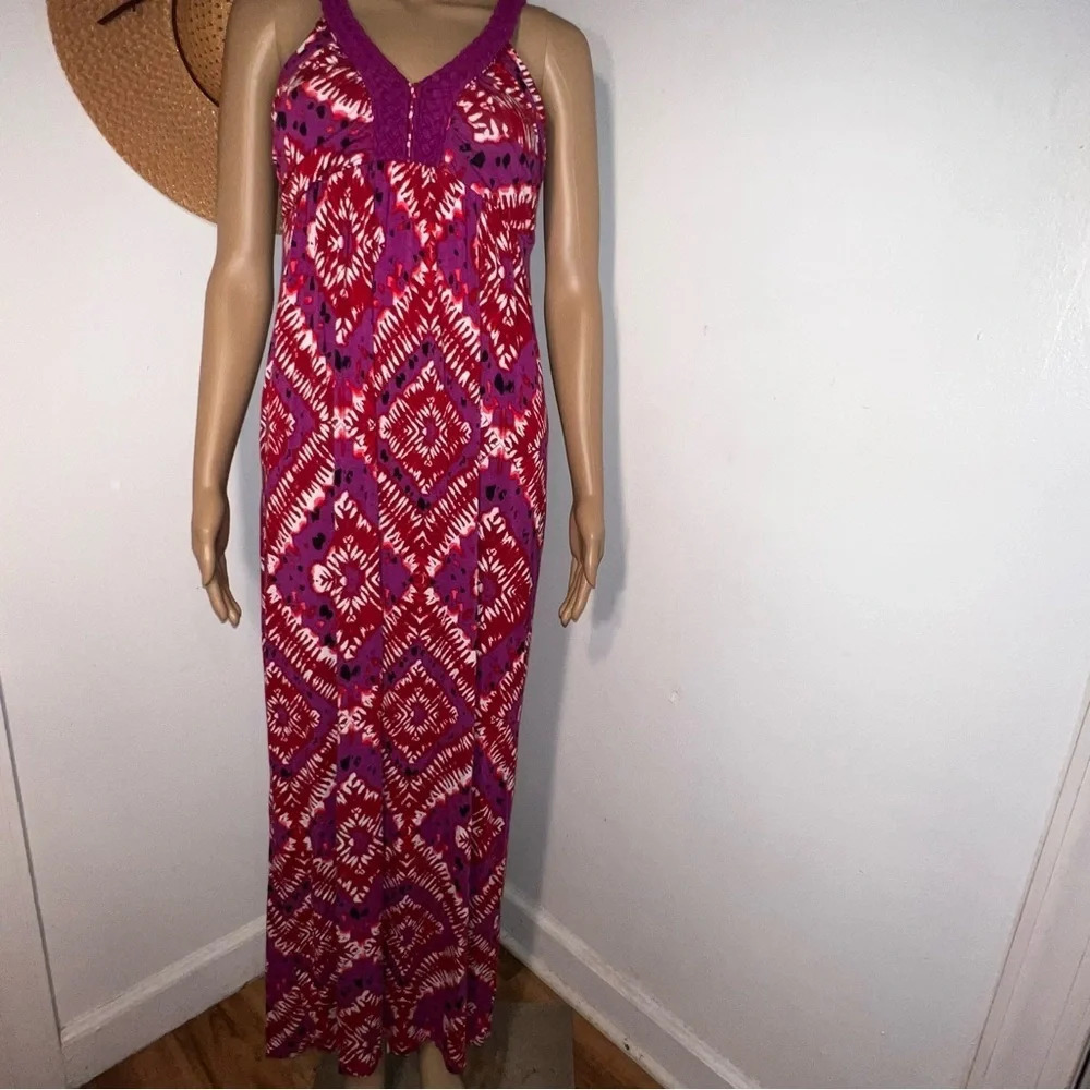 Design History, S, Grape Poppy print braided v-neck straps‎ pleated front maxi